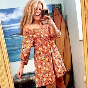 True Destiny, Smocked, Off-Shoulder Cotton Floral Dress Orange Boho,Size M